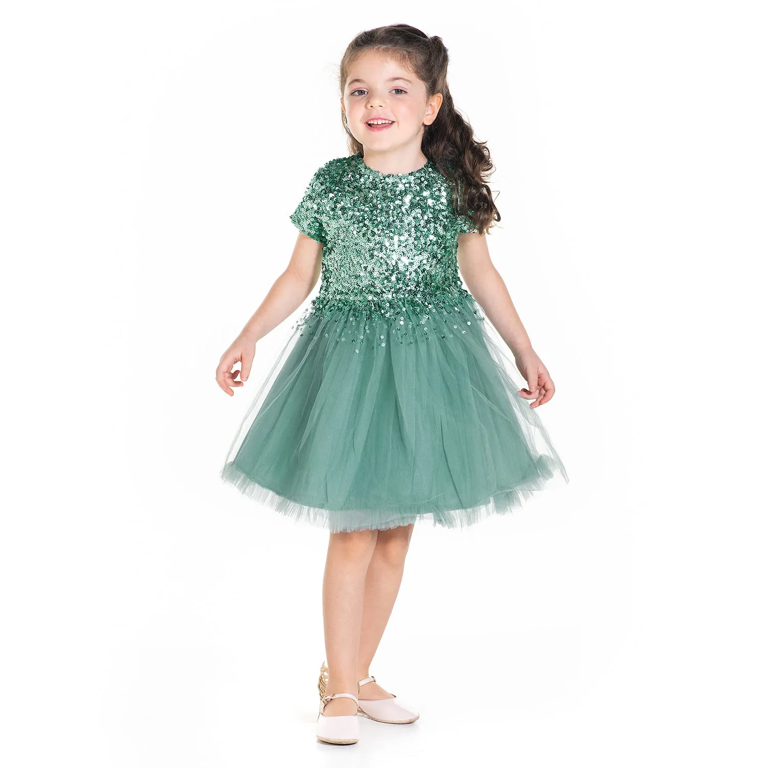 Emerald Sequins Dress with Bow and Clip