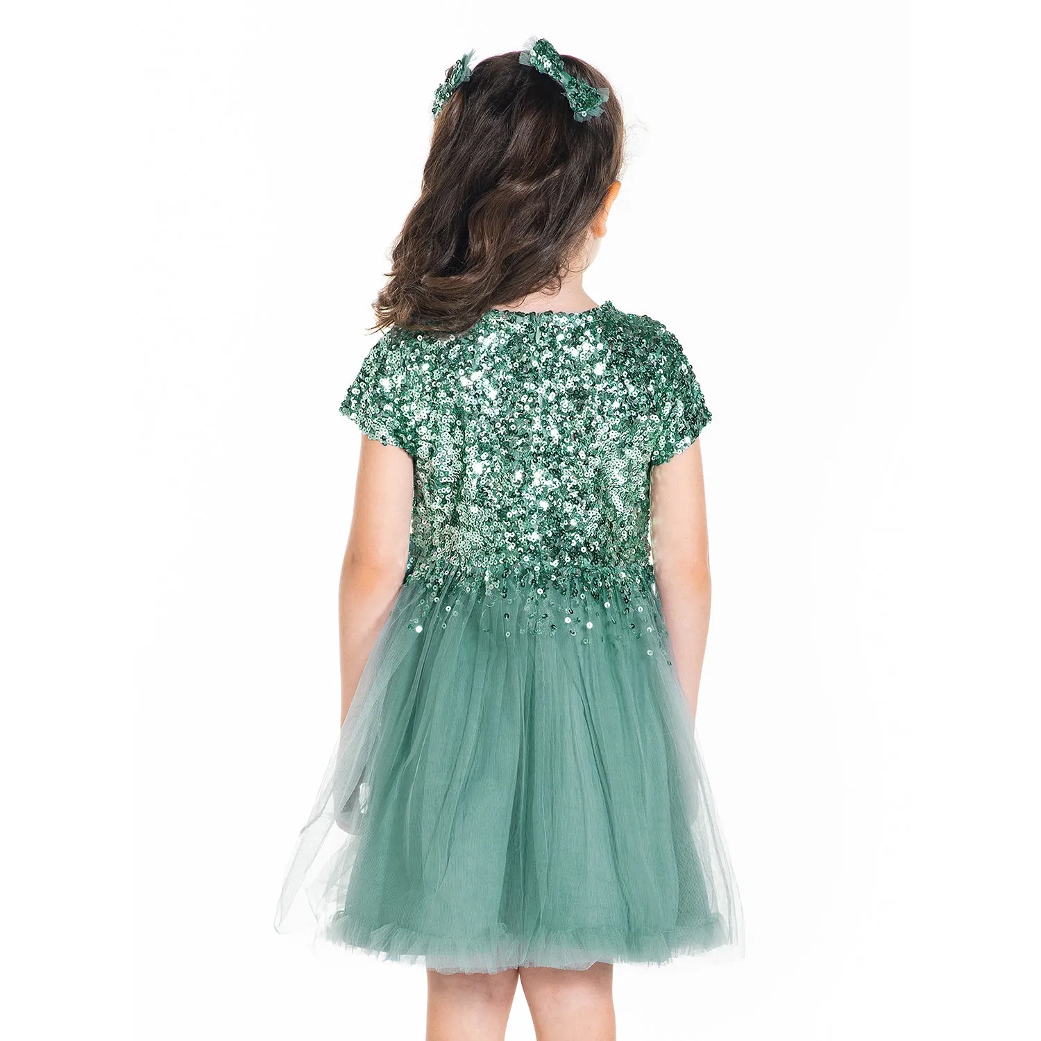 Emerald Sequins Dress with Bow and Clip