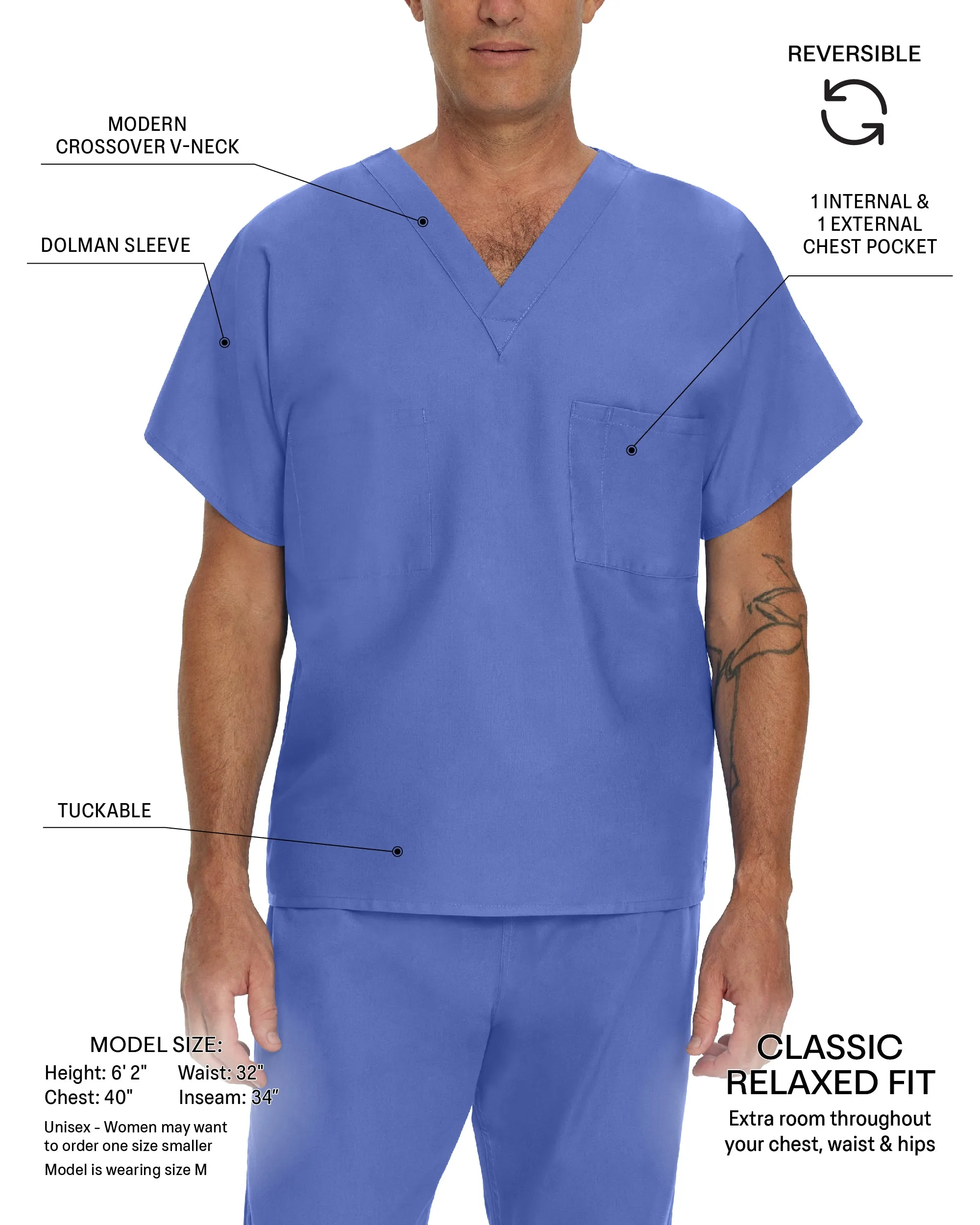 Essentials 7502 Unisex Reversible 1 Pocket V Neck Scrub Top Ceil Blue