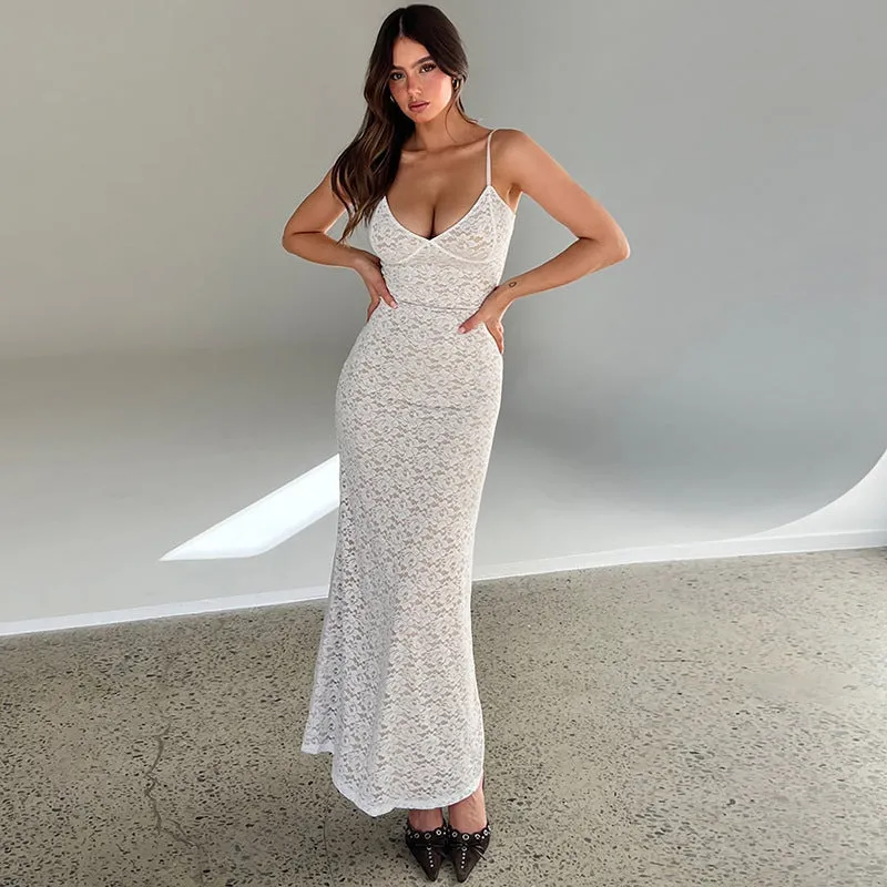 Ethereal Elegance V-Neck Lace Bodycon Maxi Dress