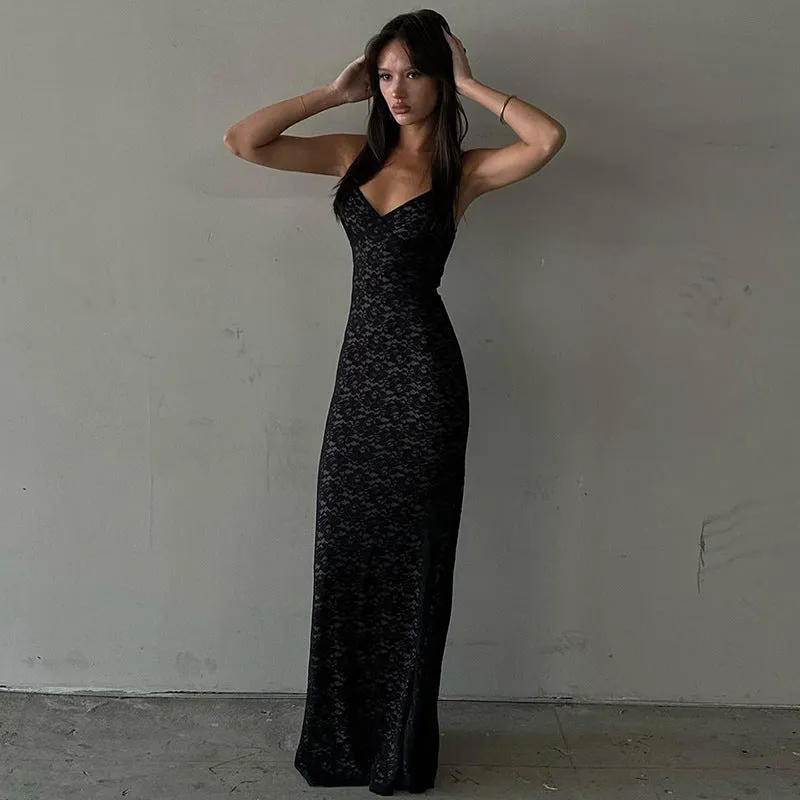 Ethereal Elegance V-Neck Lace Bodycon Maxi Dress