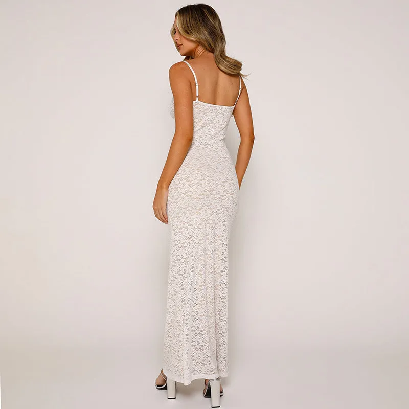 Ethereal Elegance V-Neck Lace Bodycon Maxi Dress