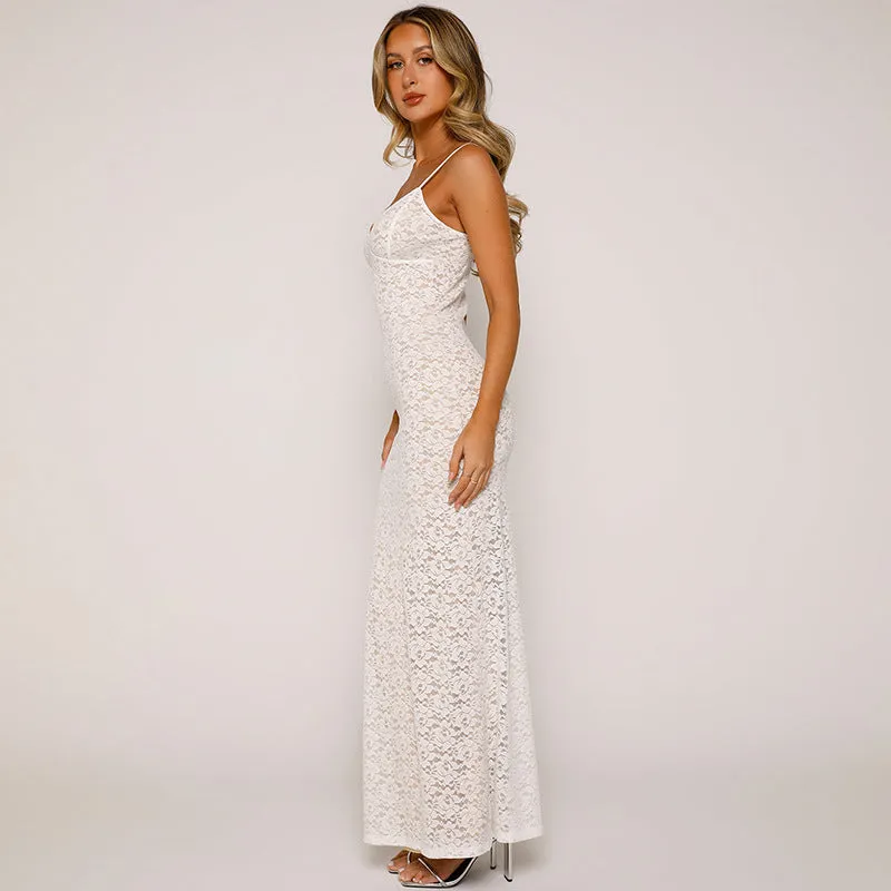 Ethereal Elegance V-Neck Lace Bodycon Maxi Dress