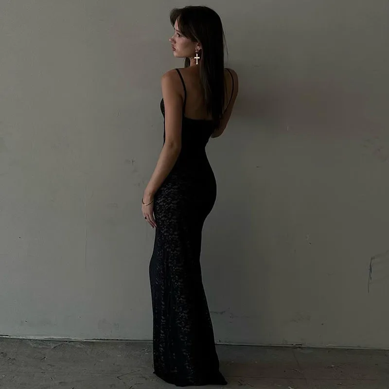 Ethereal Elegance V-Neck Lace Bodycon Maxi Dress