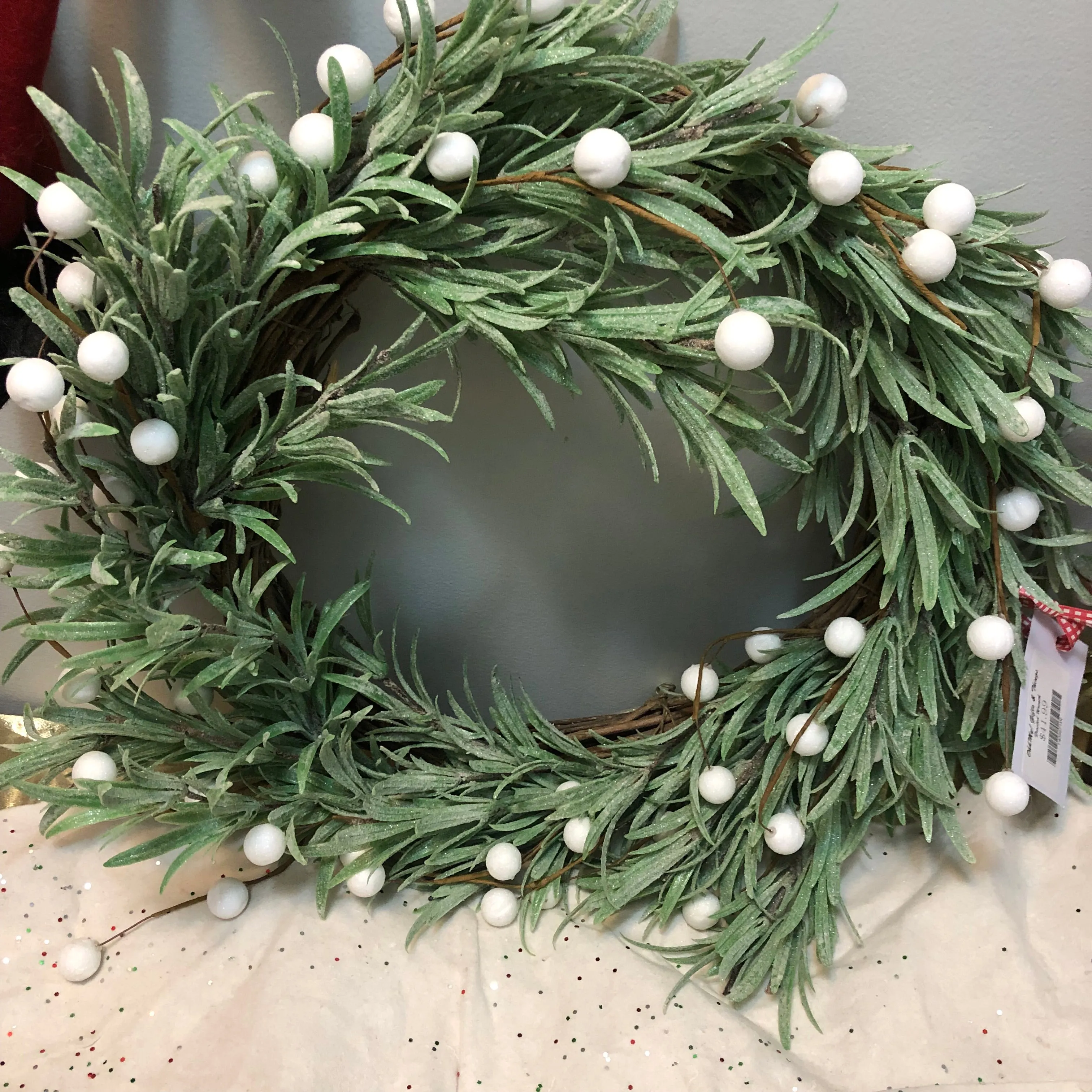 Faux Frosted Mistletoe Wreath with white berries