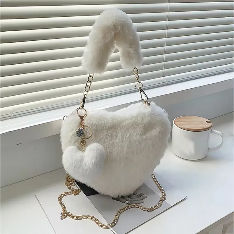 Faux Fur Heart-shaped Women Small Handbags Fluffy Plush Ladies Chain Shoulder Ba