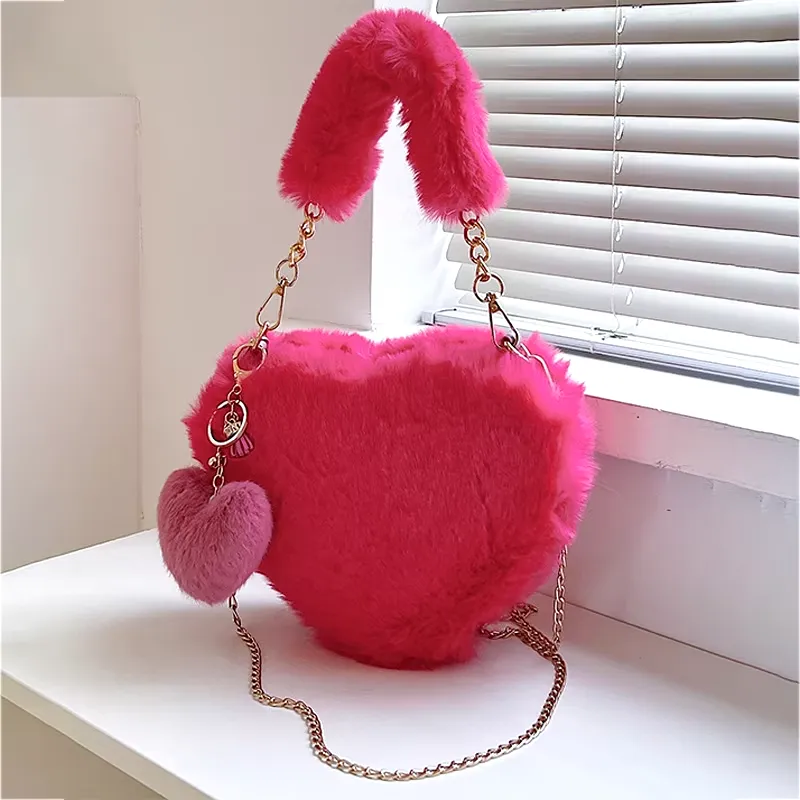 Faux Fur Heart-shaped Women Small Handbags Fluffy Plush Ladies Chain Shoulder Ba