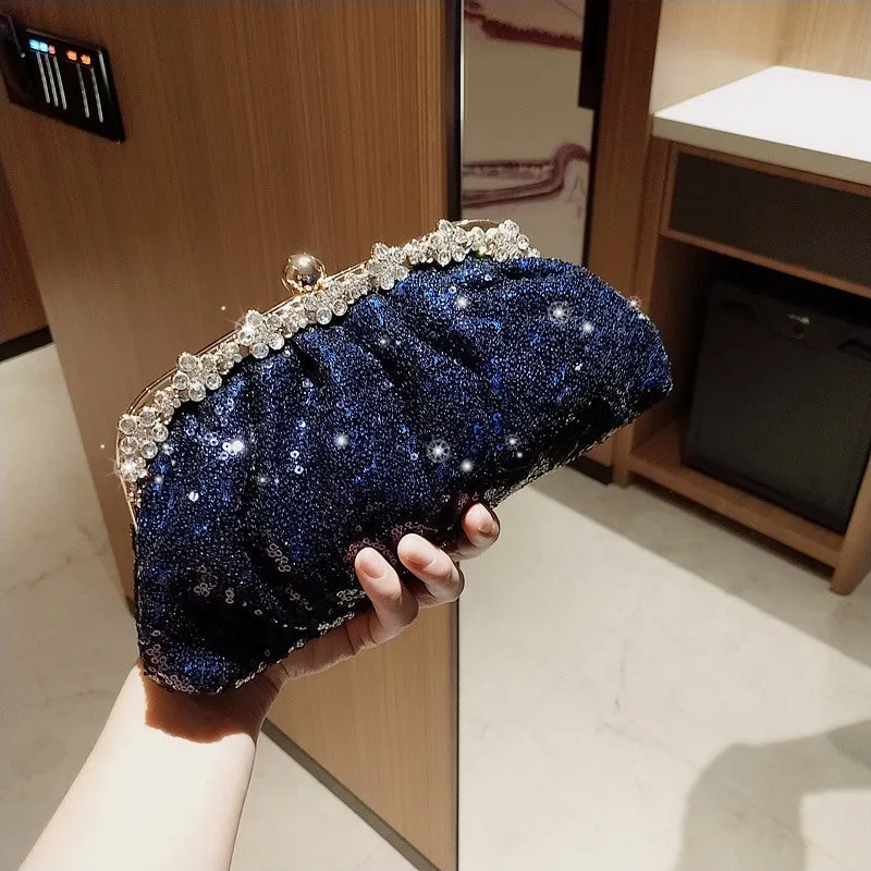 Female Blue Banquet Bag Chain Beads Handbag