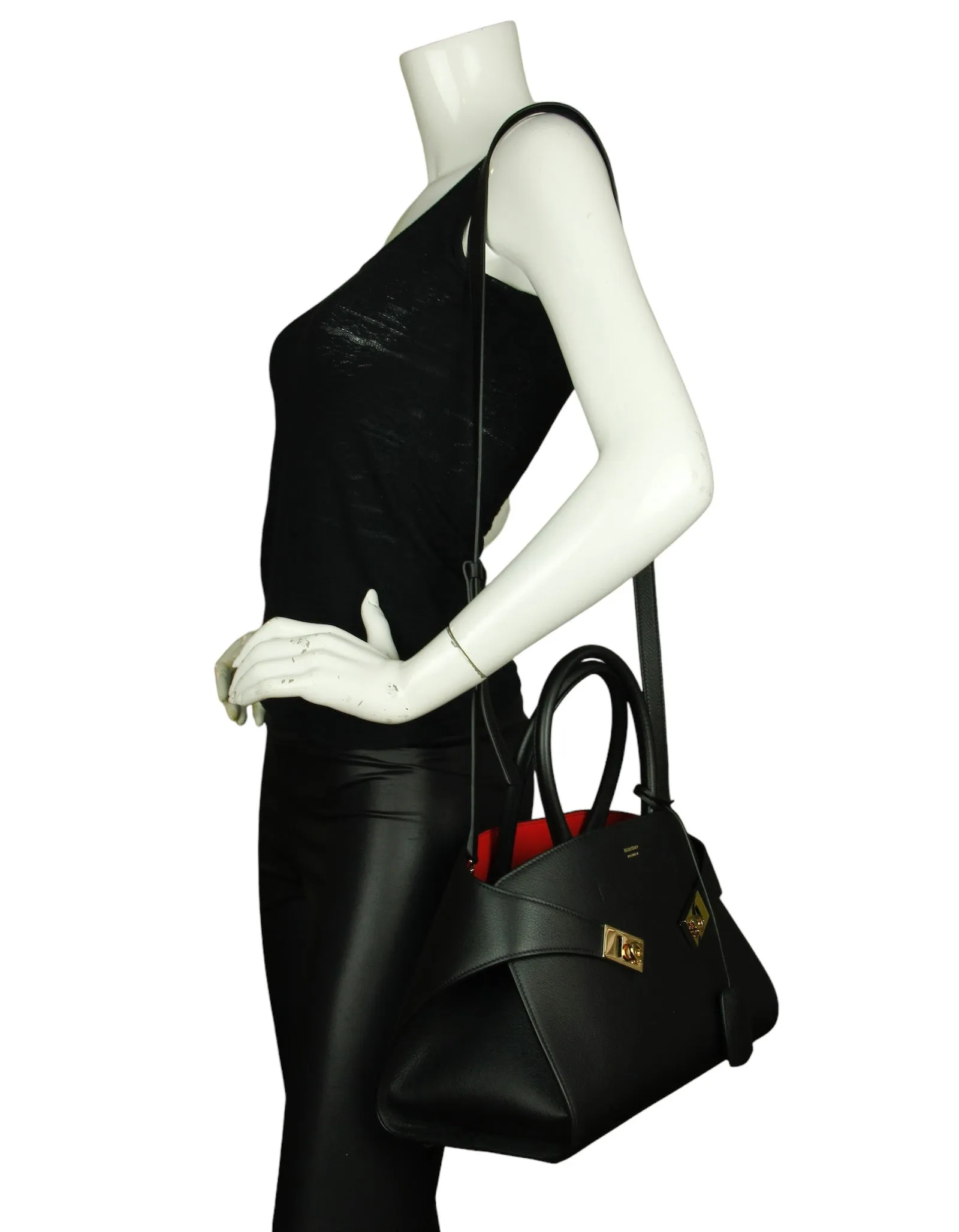 Ferragamo Black/Red Leather Hug Top Handle Bag
