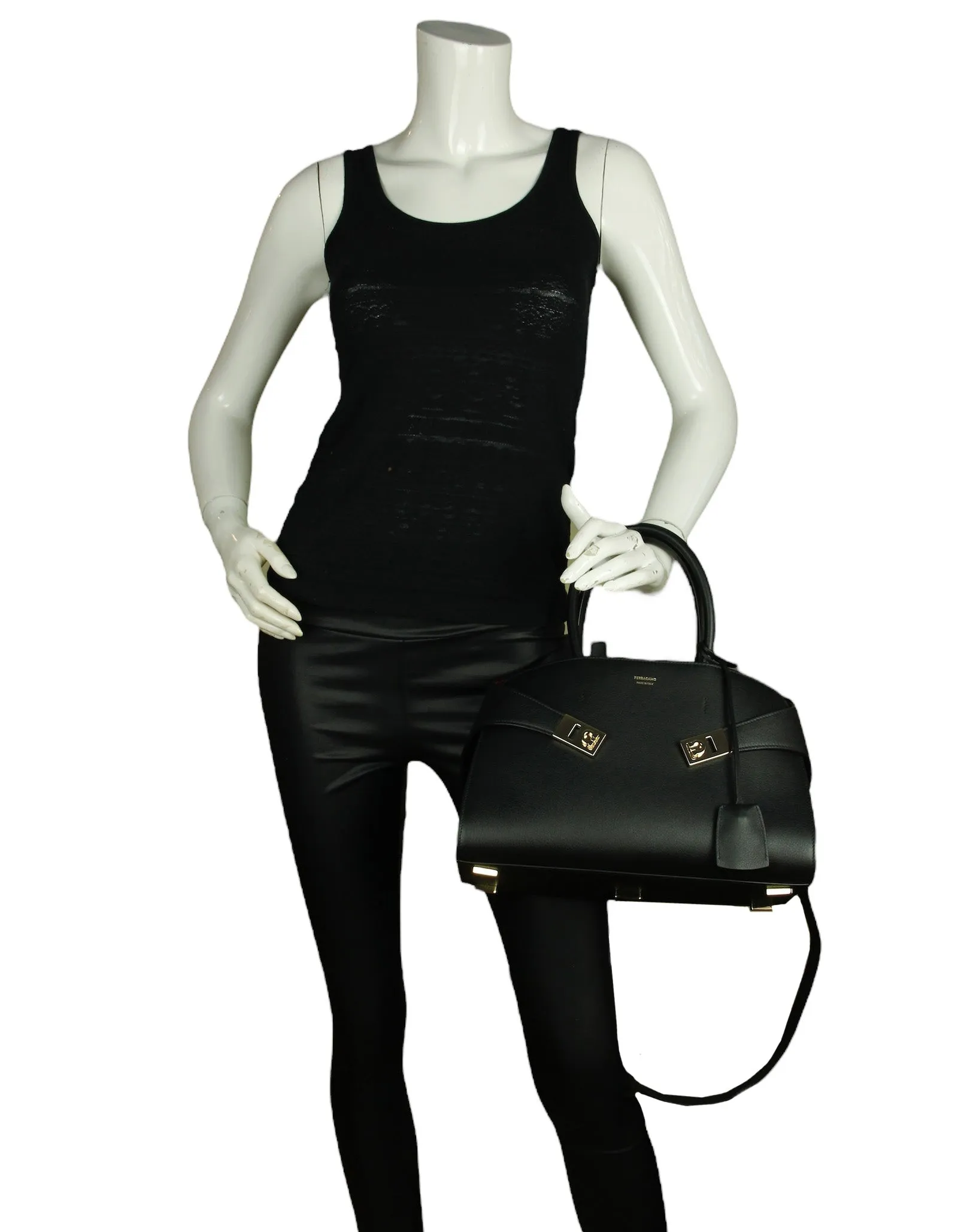 Ferragamo Black/Red Leather Hug Top Handle Bag