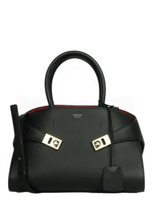Ferragamo Black/Red Leather Hug Top Handle Bag