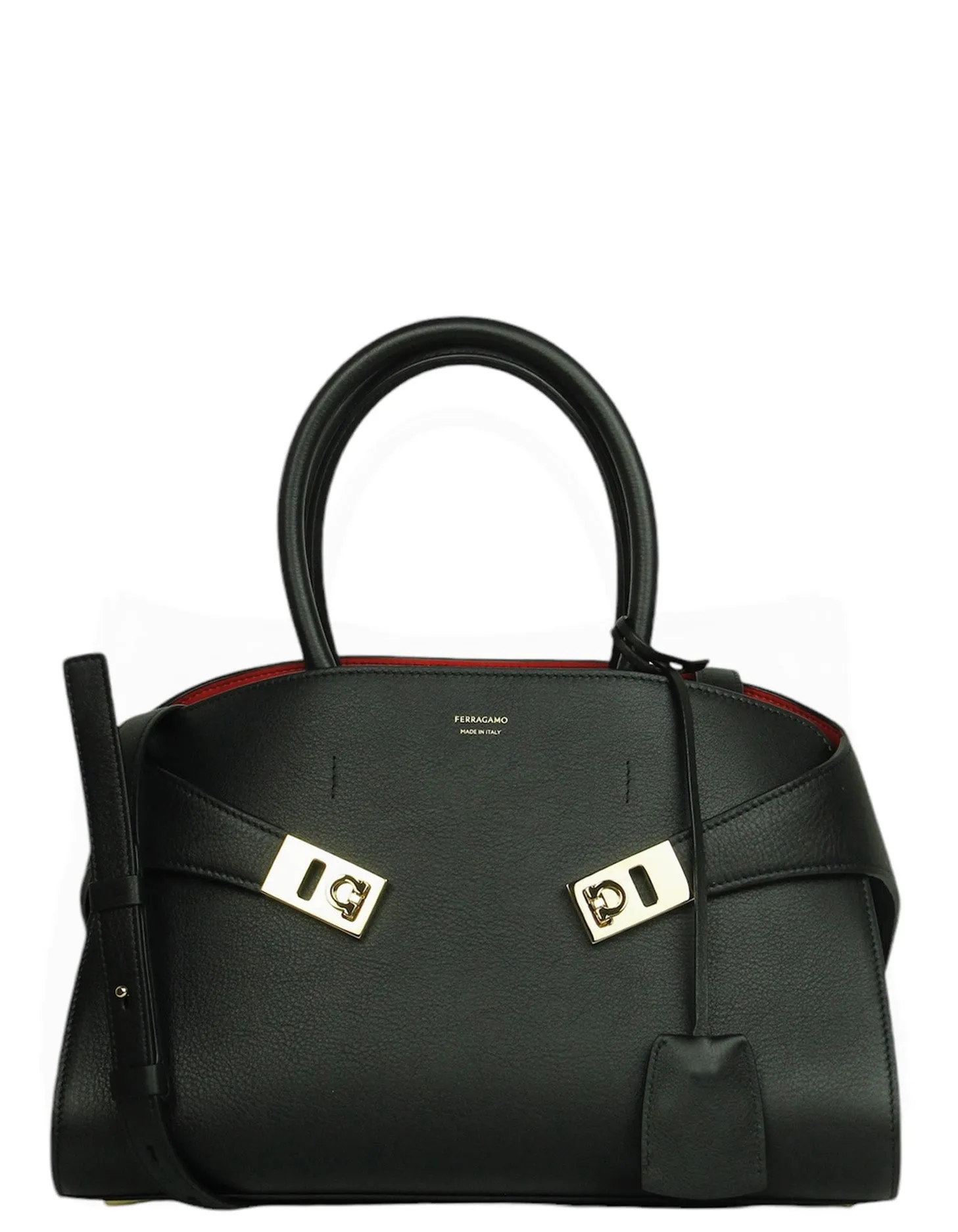 Ferragamo Black/Red Leather Hug Top Handle Bag