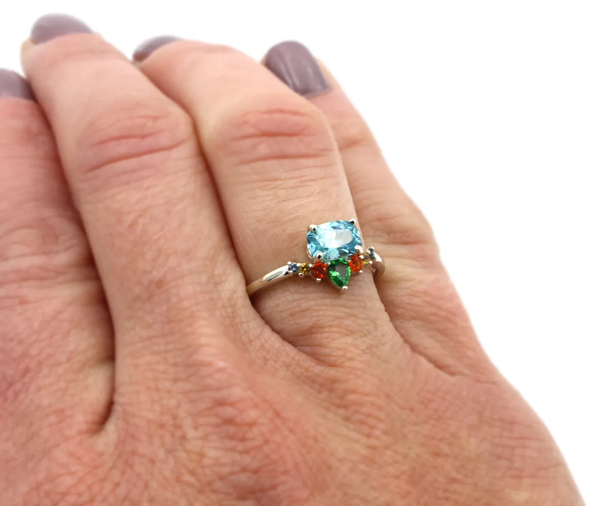 Fiesta Zircon, Tsavorite Garnet, Sapphire, Mexican Opal Ring