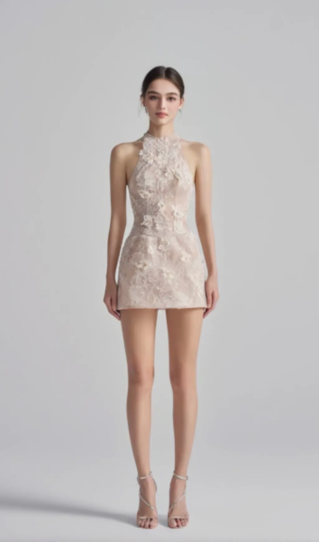 Floral Lace Mini Dress In Beige Orange
