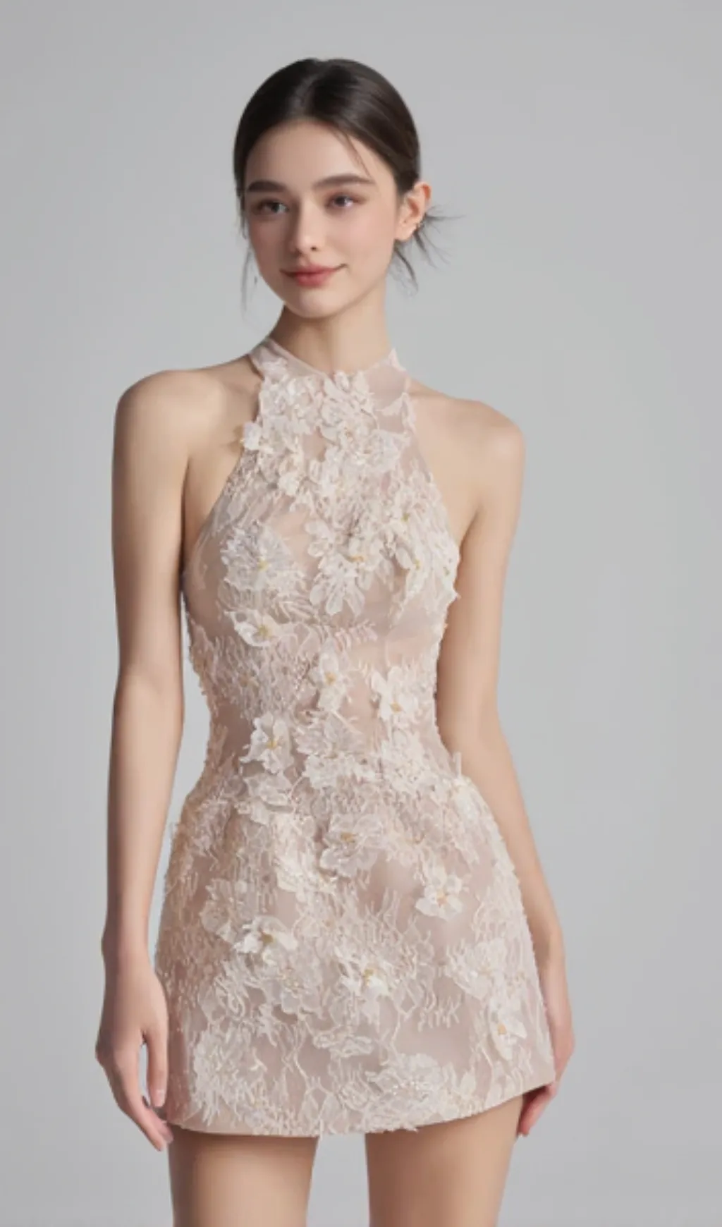 Floral Lace Mini Dress In Beige Orange