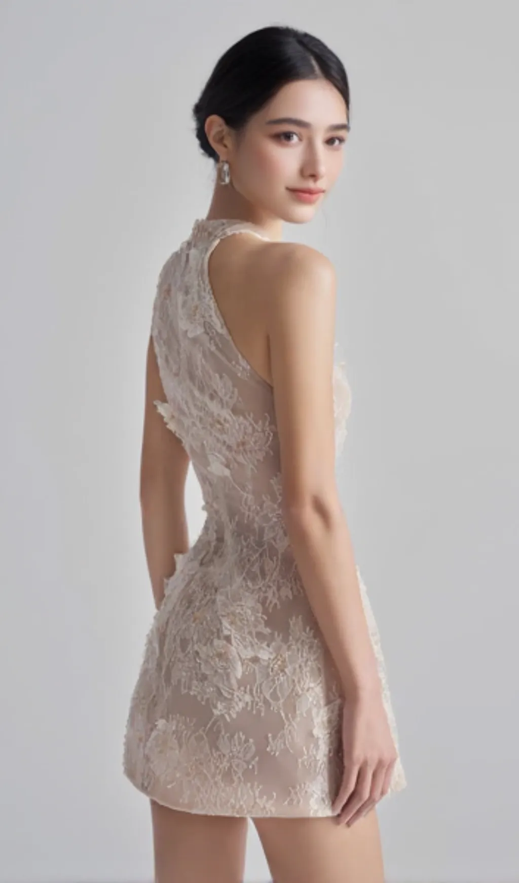 Floral Lace Mini Dress In Beige Orange