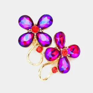 Flower Purple Red Crystal Accented Clip On Evening Earrings