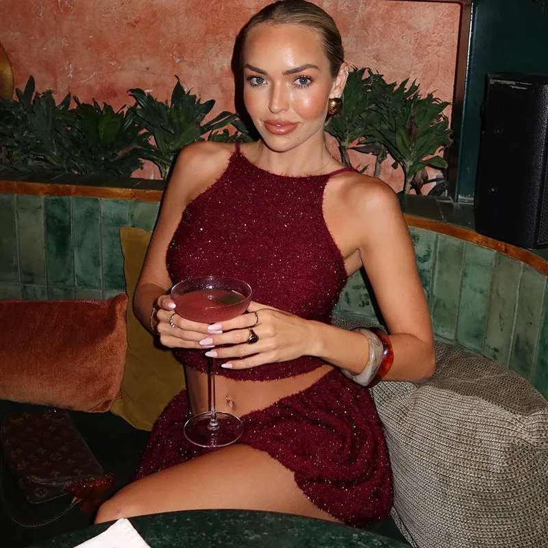 Glamorous Autumn and Winter Sparkling Crop Tank and Flirty Skirt Two-Piece Set