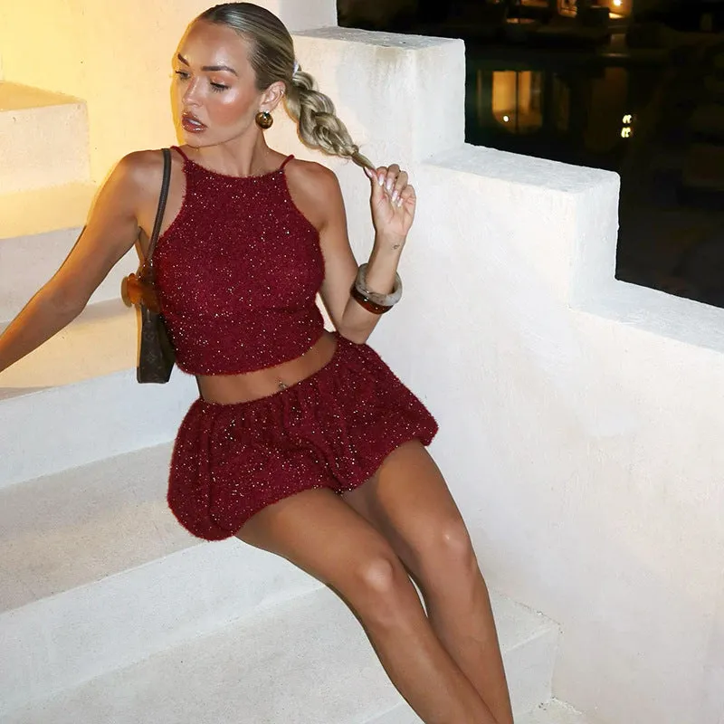 Glamorous Autumn and Winter Sparkling Crop Tank and Flirty Skirt Two-Piece Set