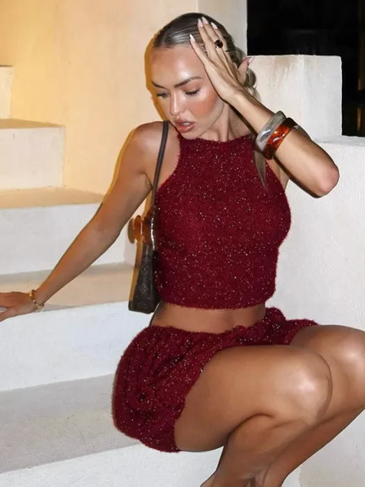 Glamorous Autumn and Winter Sparkling Crop Tank and Flirty Skirt Two-Piece Set