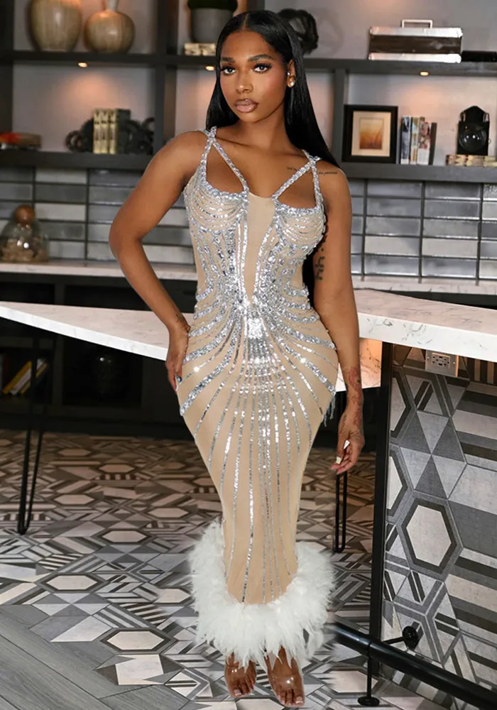 Glamorous Crystal-Embellished Sheer Bodycon Evening Gown with Feather Hem