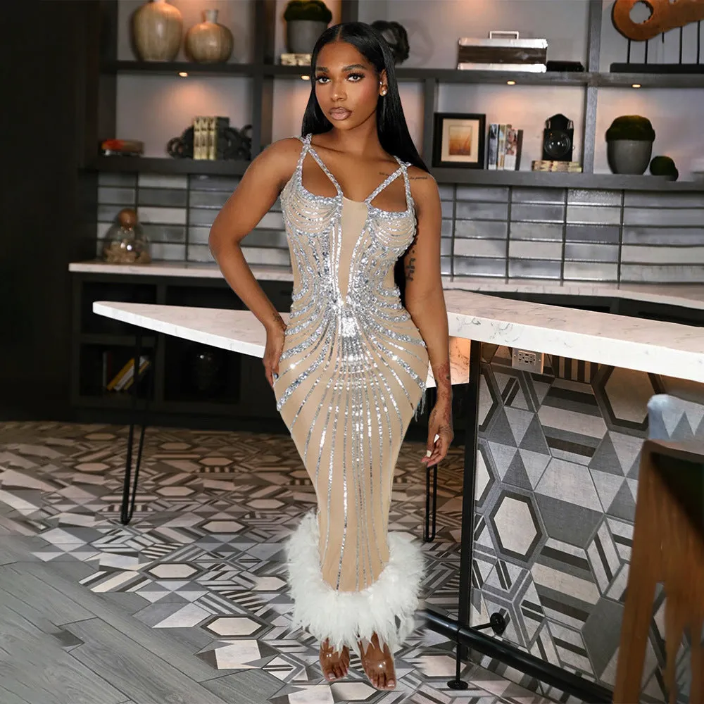 Glamorous Crystal-Embellished Sheer Bodycon Evening Gown with Feather Hem