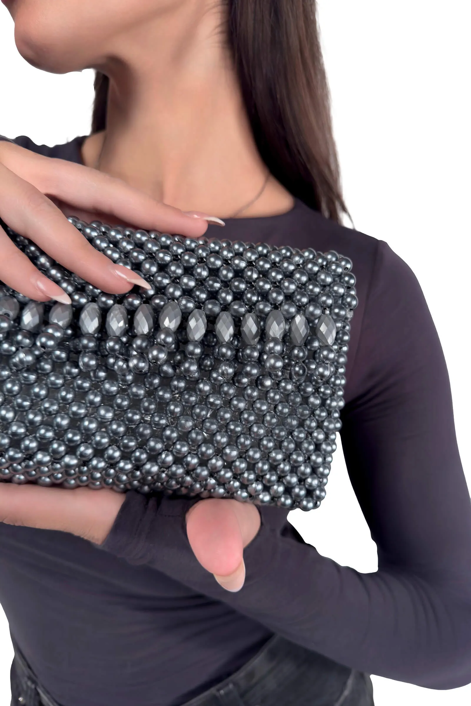 Glamorous Silver Beaded Clutch
