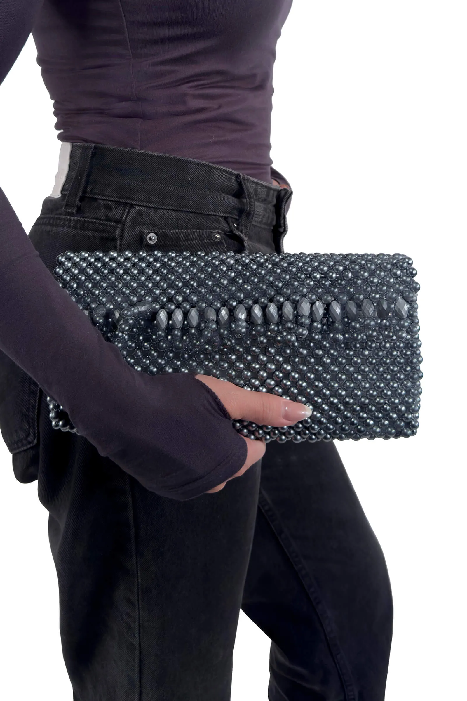 Glamorous Silver Beaded Clutch