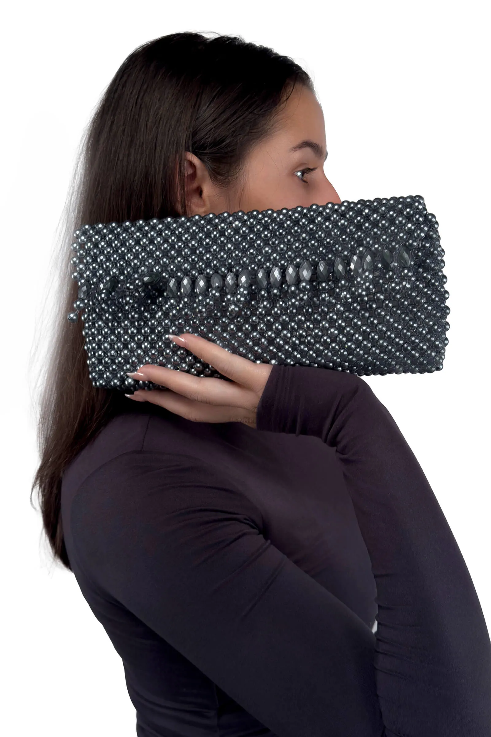 Glamorous Silver Beaded Clutch