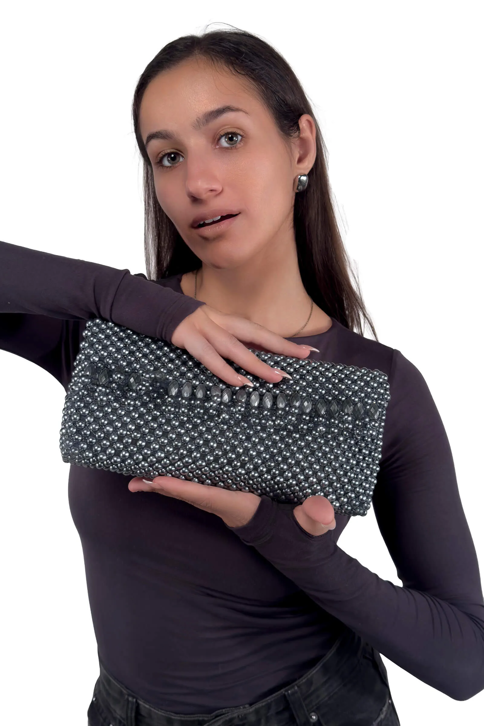 Glamorous Silver Beaded Clutch