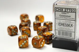 Glitter Gold/Silver 16mm D6 Dice Block 12 Dice