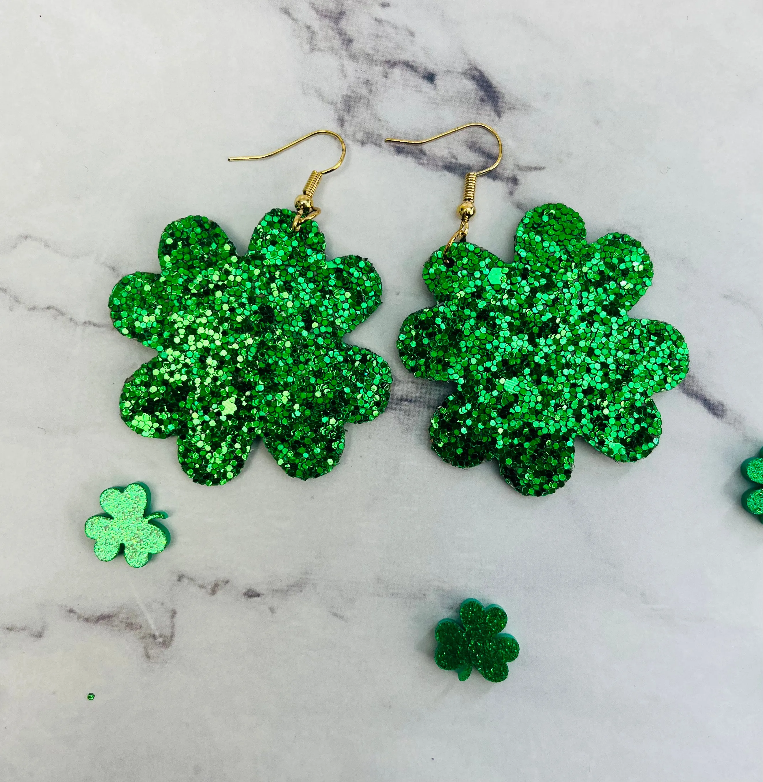 Glittery Green or Gold Shamrock Hanging Earrings