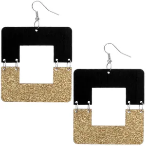 Gold Black Square Wooden Glitter Link Earrings
