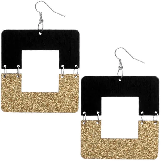 Gold Black Square Wooden Glitter Link Earrings
