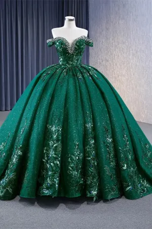 Gorgeous Evening Dress Sequins Sweep Train Ball Gown Off the Shoulder Prom Dresses
