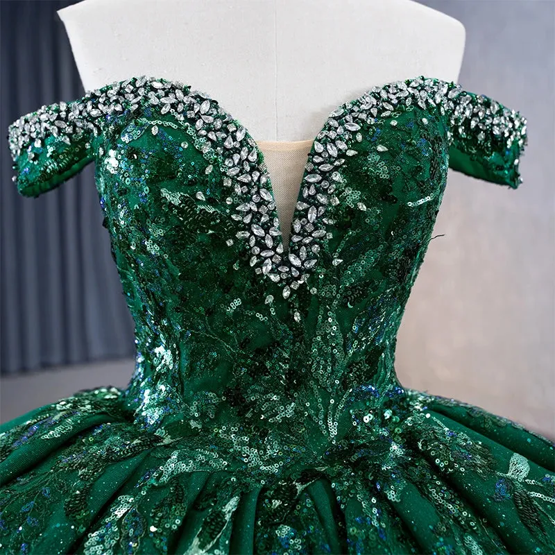 Gorgeous Evening Dress Sequins Sweep Train Ball Gown Off the Shoulder Prom Dresses