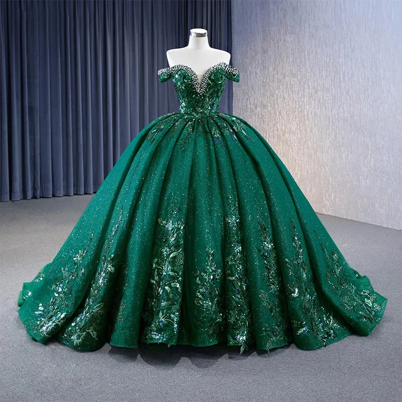 Gorgeous Evening Dress Sequins Sweep Train Ball Gown Off the Shoulder Prom Dresses