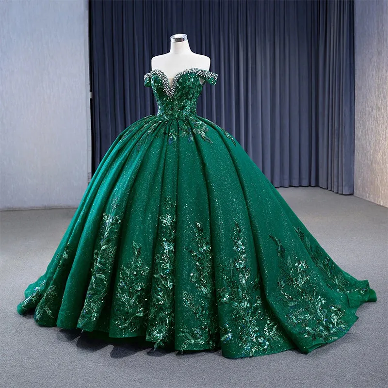 Gorgeous Evening Dress Sequins Sweep Train Ball Gown Off the Shoulder Prom Dresses