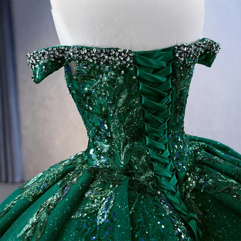 Gorgeous Evening Dress Sequins Sweep Train Ball Gown Off the Shoulder Prom Dresses