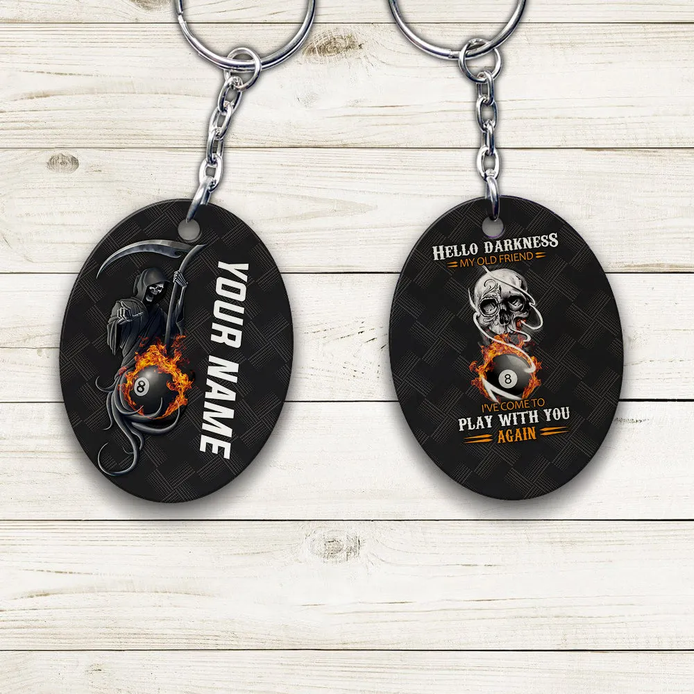 Grim Reaper Billiard Pool 8 Ball Hello Darkness My Old Friend Personalized Name Keychain Gift For Billiard Players