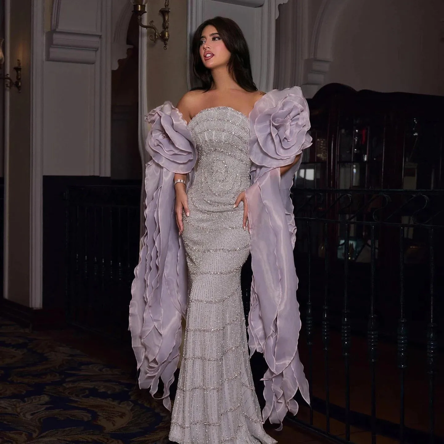 HELEN Luxury Lilac Evening Dress with 3D Flower Ruffles