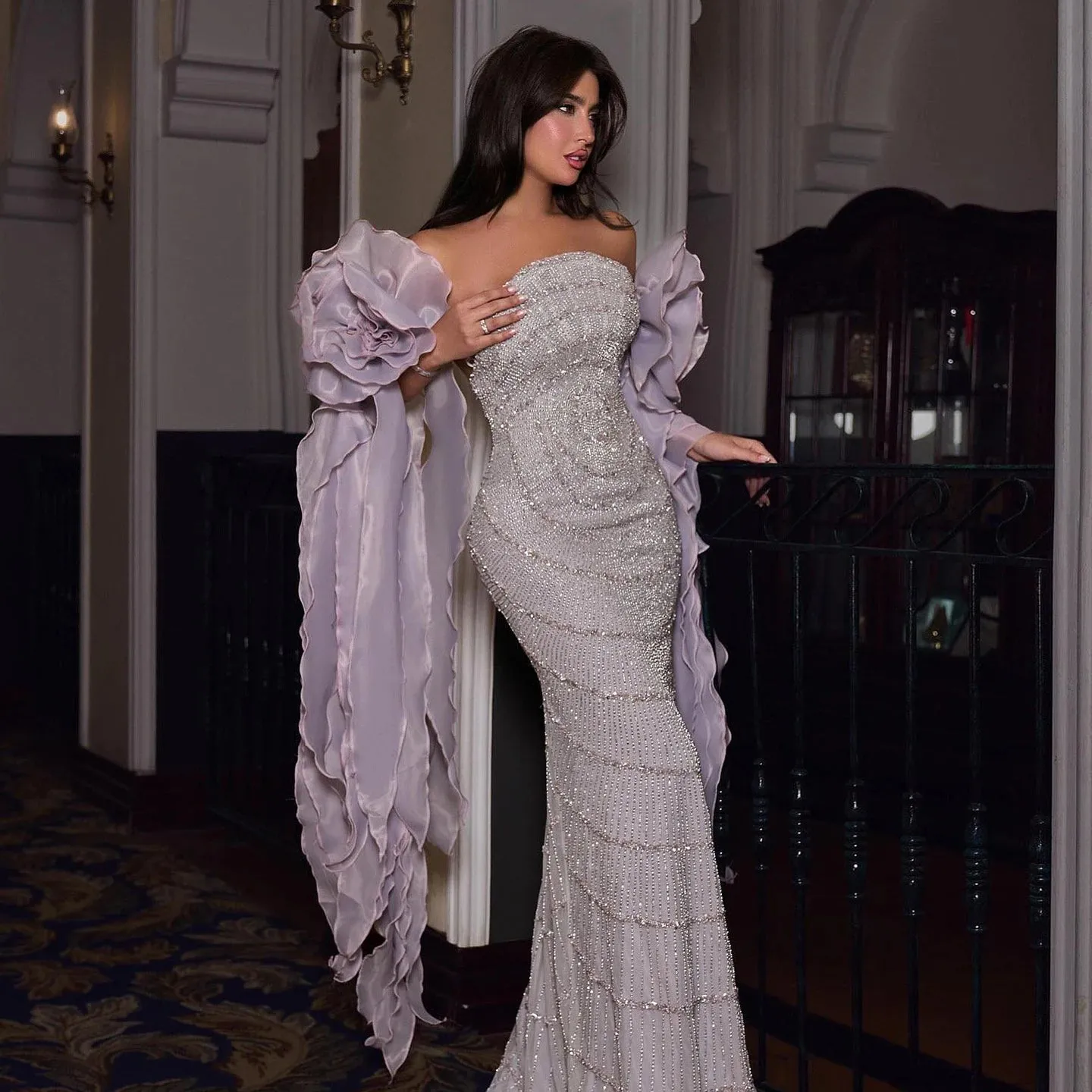 HELEN Luxury Lilac Evening Dress with 3D Flower Ruffles