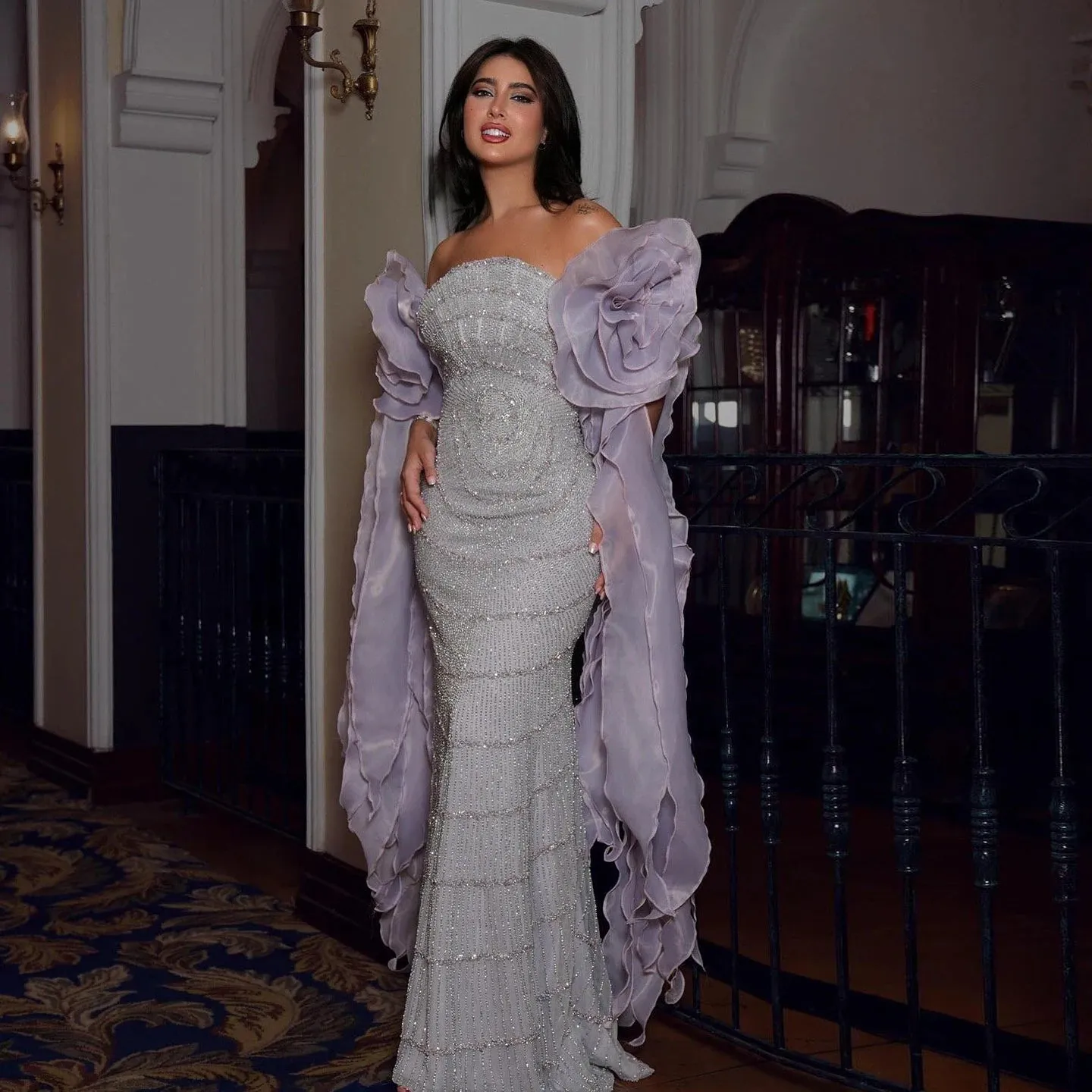 HELEN Luxury Lilac Evening Dress with 3D Flower Ruffles