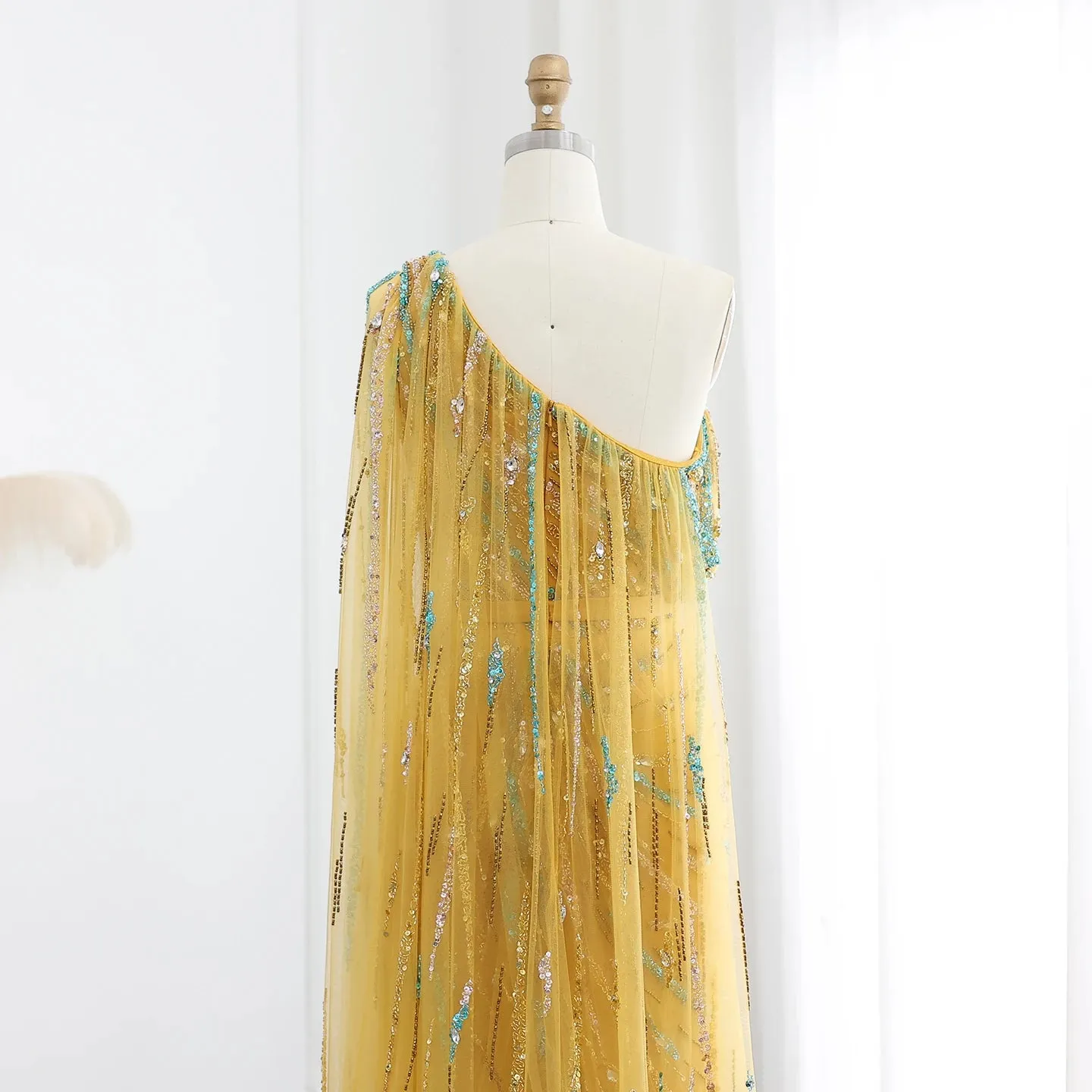 HELEN Luxury One Shoulder Beaded Evening Dress with Cape