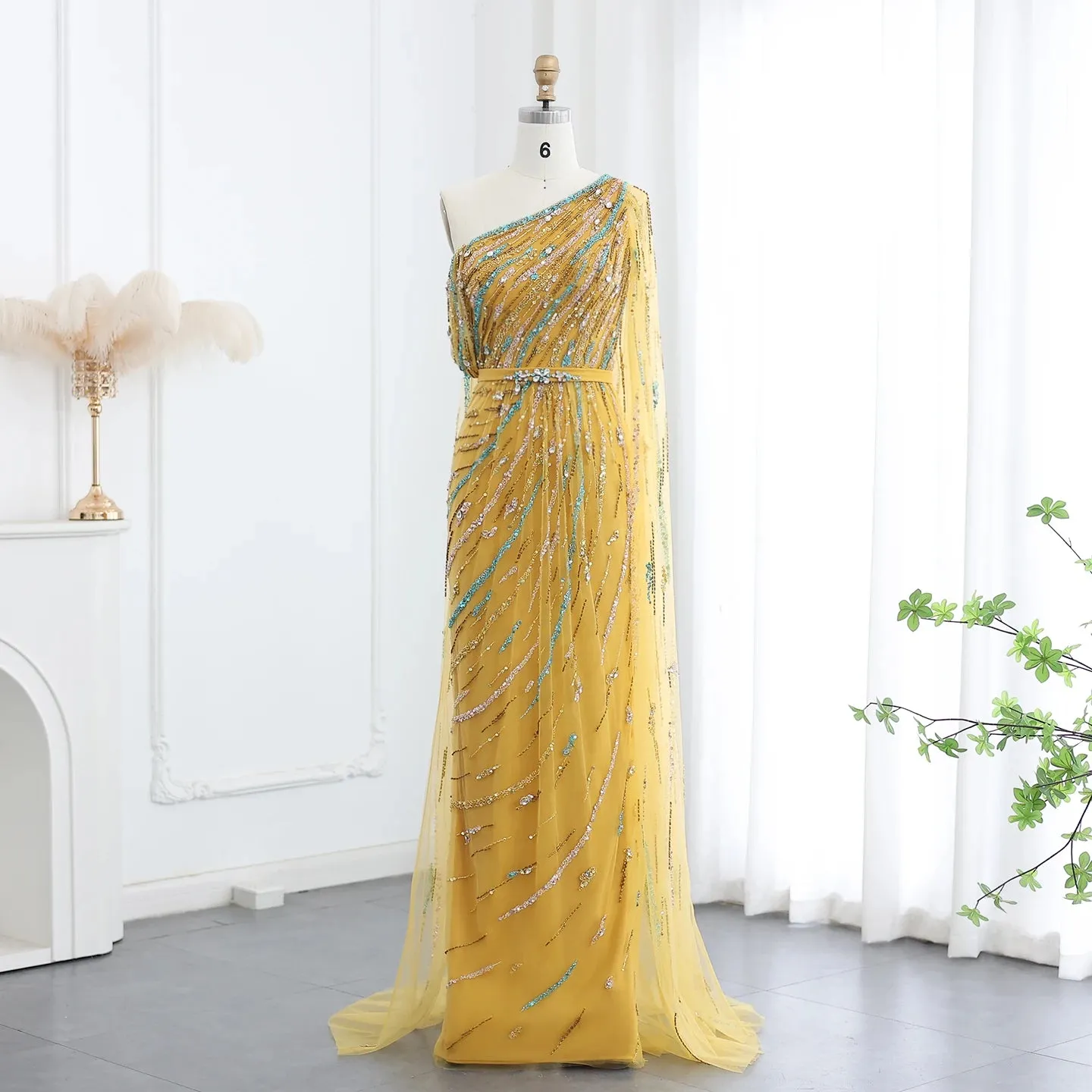 HELEN Luxury One Shoulder Beaded Evening Dress with Cape