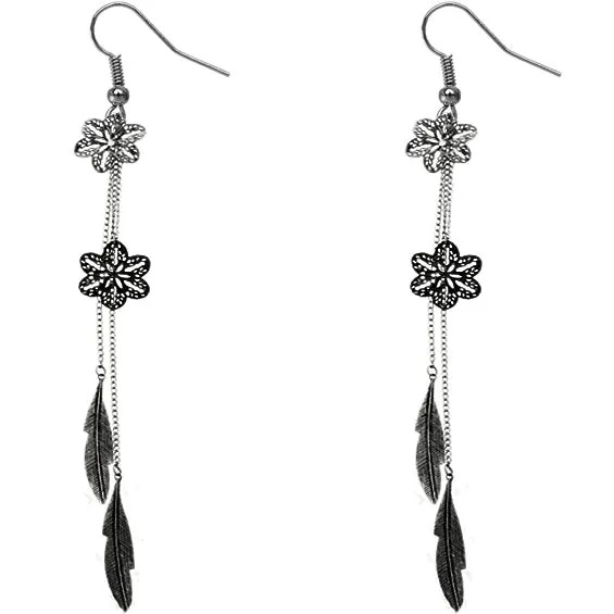 Hematite Snowflake Leaf Chain Earrings