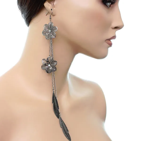 Hematite Snowflake Leaf Chain Earrings