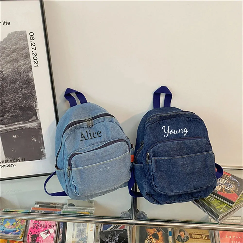 Kawaii Custom Mini Denim Backpack 🎀✨ | Personalized Embroidery Name 💖 | Stylish Gift for Trendy Young Ladies 🎉🎒
