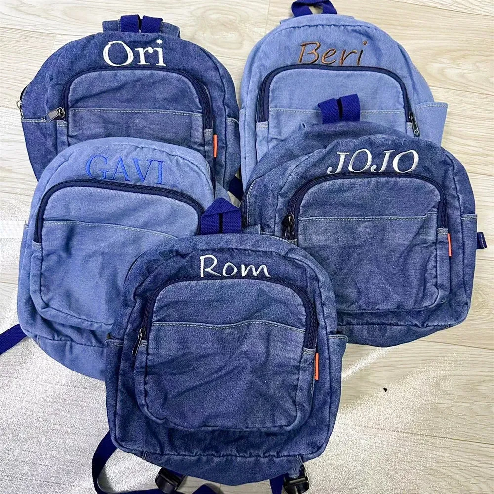 Kawaii Custom Mini Denim Backpack 🎀✨ | Personalized Embroidery Name 💖 | Stylish Gift for Trendy Young Ladies 🎉🎒