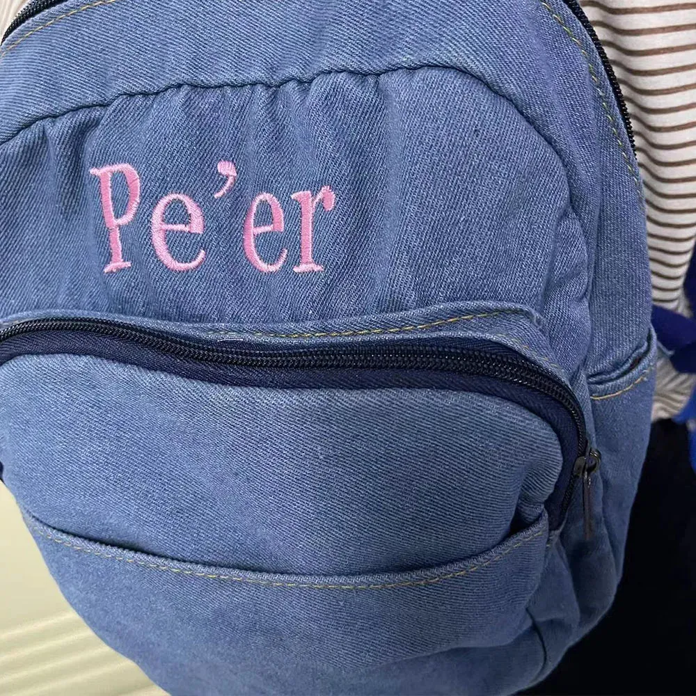 Kawaii Custom Mini Denim Backpack 🎀✨ | Personalized Embroidery Name 💖 | Stylish Gift for Trendy Young Ladies 🎉🎒